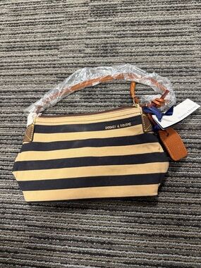Dooney & Bourke Black and Tan Striped Wristlet with Brown Leather Trim